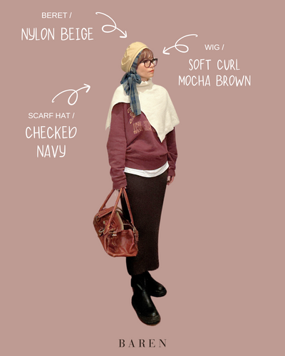 Scarf hat / Check navy + Beret 