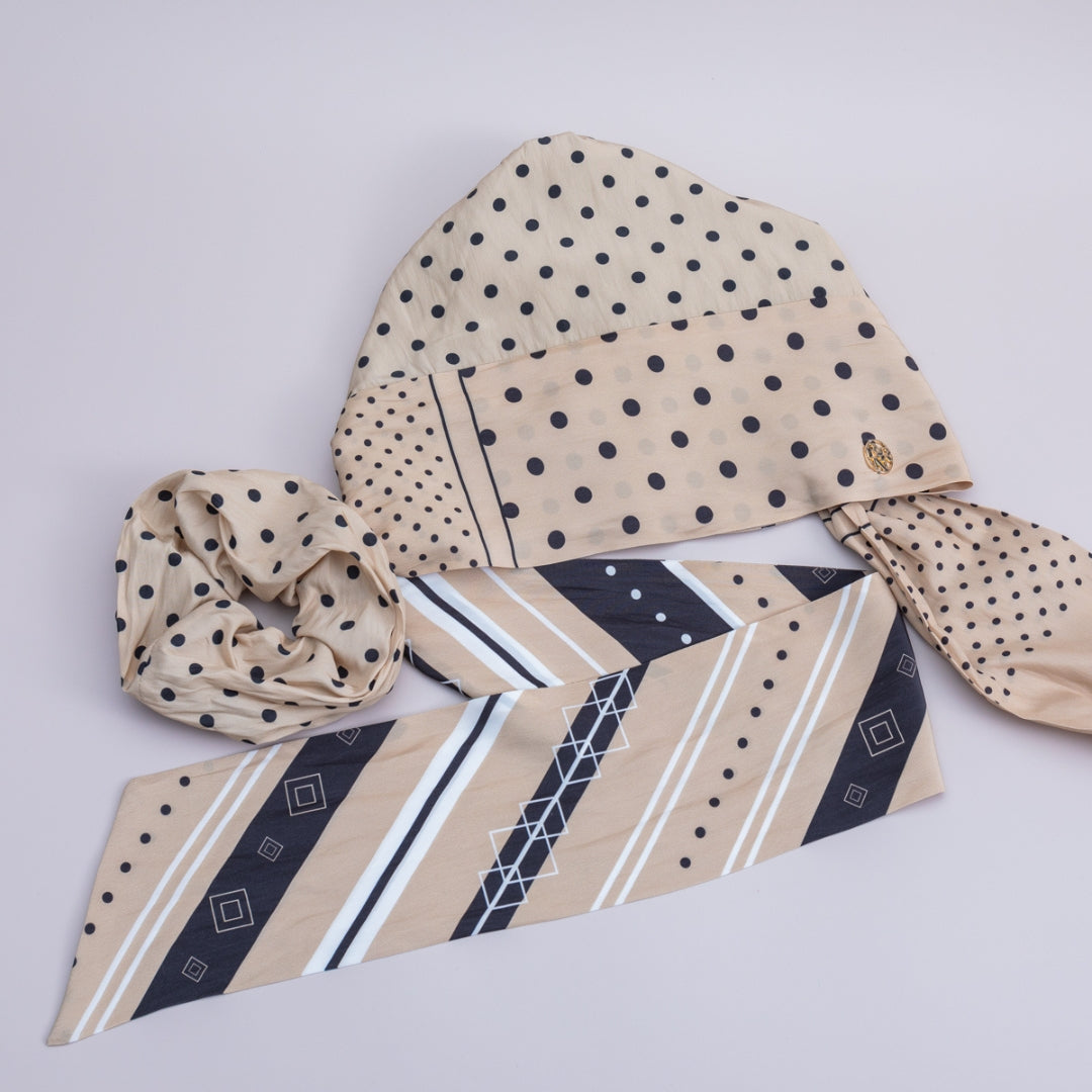 SCARF HAT (M) / Dot Border - Beige