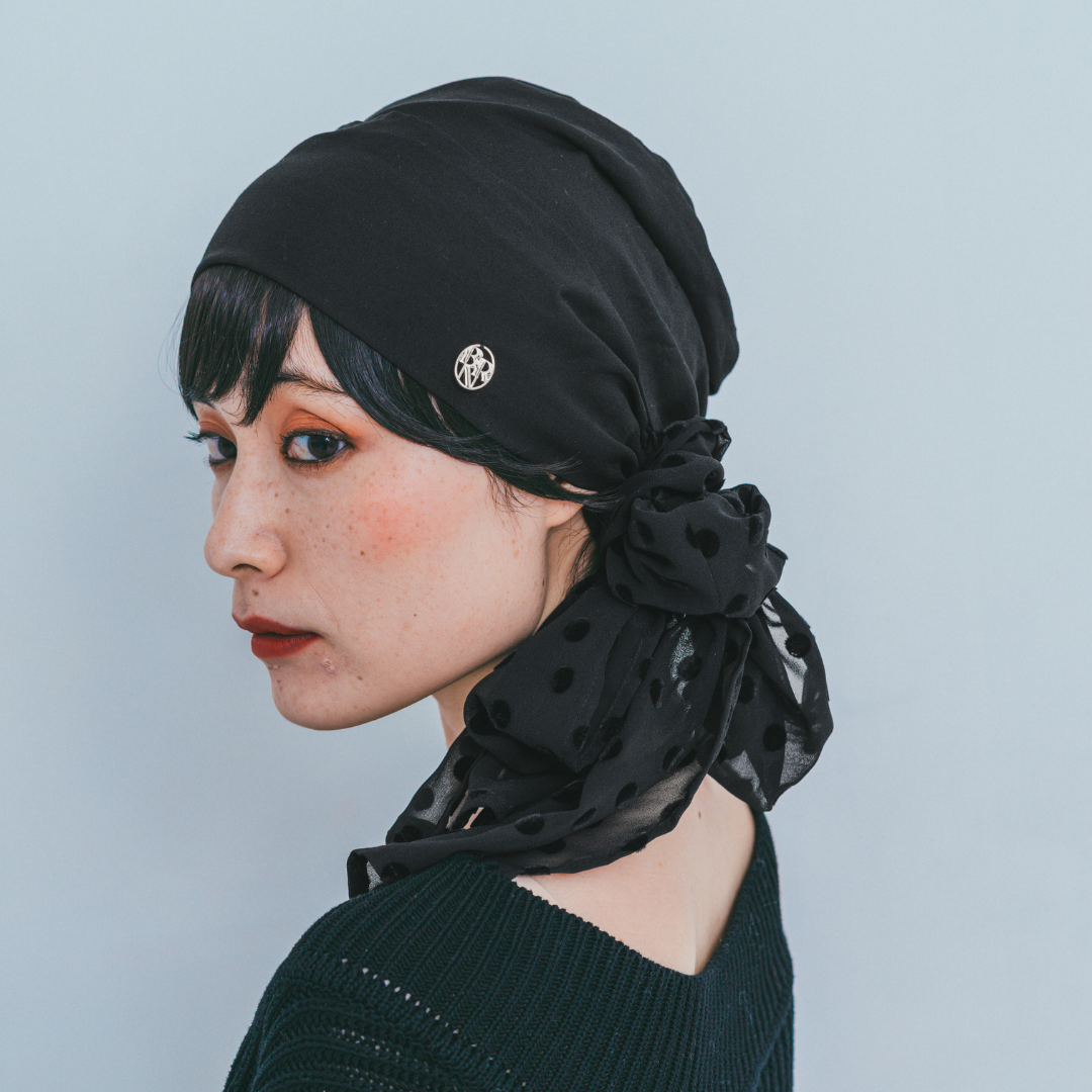 SCARF HAT (M) /  Dot Chiffon-Black